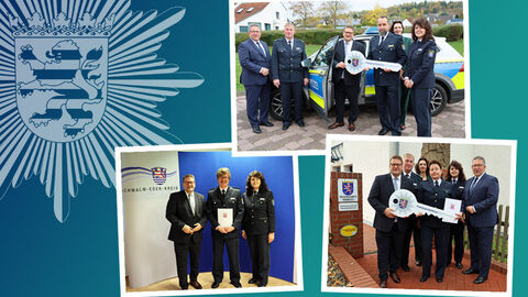 Neue Leitungen bei der Polizeidirektion Schwalm-Eder; Bild zeigt die Gruppenfotos zu den verschiedenen Amtseinführungen in einer Collage mit weißem Rand auf blau-grünem Hintergrund und einem Polizeistern in weiß in der linken oberen Ecke