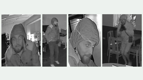 Collage: 4 Bilder des unbekannten Täters in einem Haus