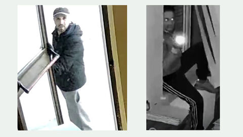 Collage: Zwei Bilder des unbekannten Täters beim Einsteigen in ein Gebäude