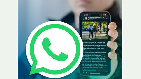 Polizistin mit Smart-Phone in der Hand und Logo Whats-App