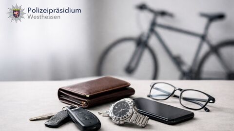 Teaser öffentlicher Aushang, Schlüsselbund, Portmonee, Brille, Handy, Fahrrad, KI generiert