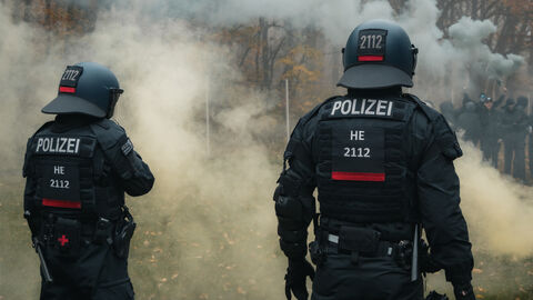 Zwei Einsatzkräfte von hinten mit Rauchwolke im Hintergrund 
