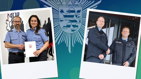 Neue Schutzleute vor Ort bei der PD Schwalm-Eder; Fotocollage mit zwei Bildern der neuen SvO in Melsungen und Schwalmstadt vor einem von Blau zu Grün verlaufenden Hintergrund und einem Polizeistern in der Mitte des Bildes
