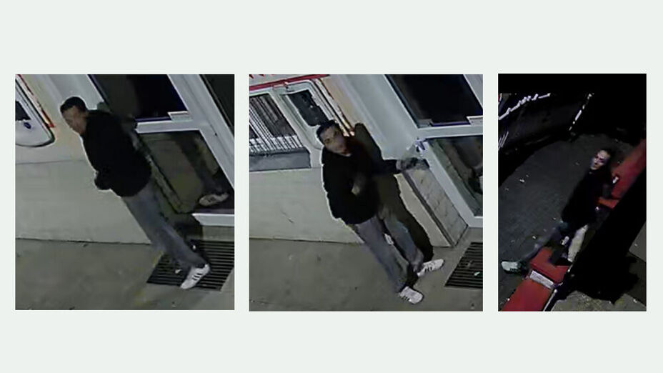 Collage mit drei Bildern des unbekannten Täters an einer Tür