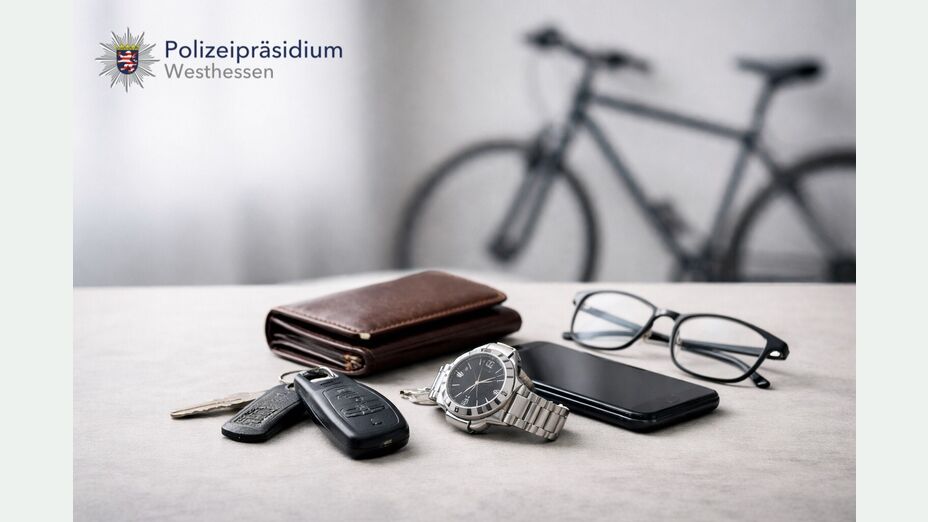 Teaser öffentlicher Aushang, Schlüsselbund, Portmonee, Brille, Handy, Fahrrad, KI generiert